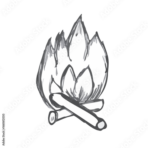 Campfire hand Drawn with ink. Open Fire on Wood, bonfire. Black and white sketch Doodle. Warm up fire pit. Design for hike, survival and travel. Trip, rest outside. Isolated. Vector illustration