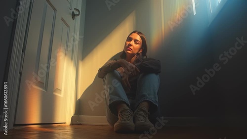 Young Woman Sitting in a Sunlit Corner, Reflecting and Contemplating Life's Moments with Dappled Light Streaming In