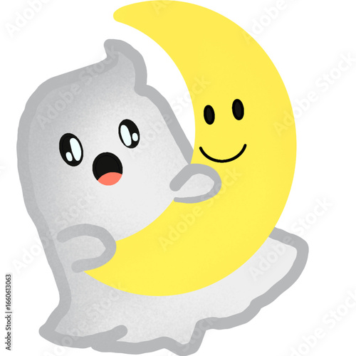 Halloween ghost and funny cartoon moon