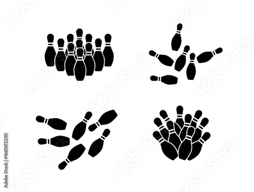 Bowling pins arrangement displayed as four distinct graphic illustrations isolated against a plain setting