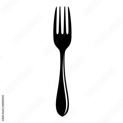 Isolated silhouette of a fork with three tines and a curved handle on a plain setting space area
