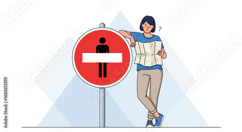 Lost Traveler With a Confused Expression Leaning Against a Prohibition Sign