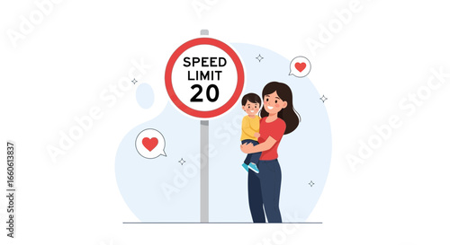 Loving Family Staying Safe Around The House With A Speed Limit Sign
