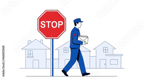 Mailman Delivering Letters In A Suburban Neighborhood With A Stop Sign