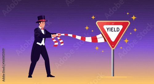 Magic Trick With Yield Sign And Red And White Scarf Illusionist Performance