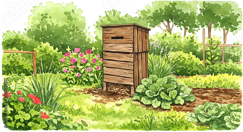 A charming garden scene featuring a wooden beehive surrounded by blooming flowers and lush greenery.