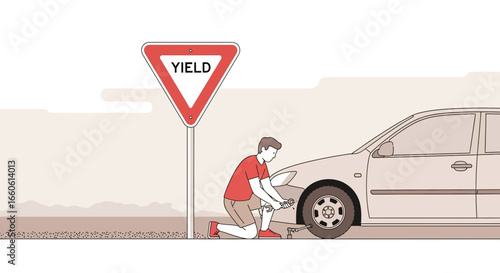 Man changing a tire on the side of the road next to a yield sign depiction of roadside maintenance and transportation challenges