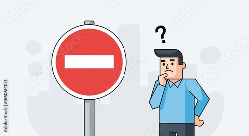 Man Confused About Prohibited Direction In Urban Landscape, Thinking What To Do