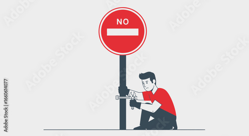 Man Correcting Negative Sign Symbolizing Obstacles and Problem Solving at Work