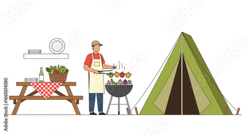 Man Cooking Outdoors While Camping With Tent And Picnic Table Illustration