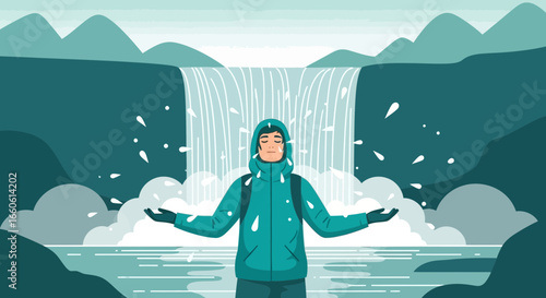 Man Enjoying Nature Beside Waterfall Seeking Tranquility And Wellness Outdoor