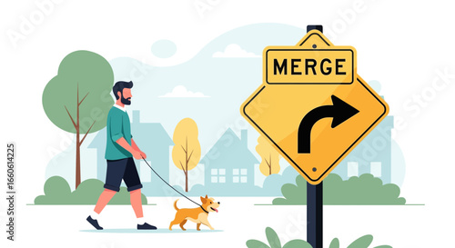 Man Enjoying Peaceful Stroll With His Dog Near Roadside Merge Sign