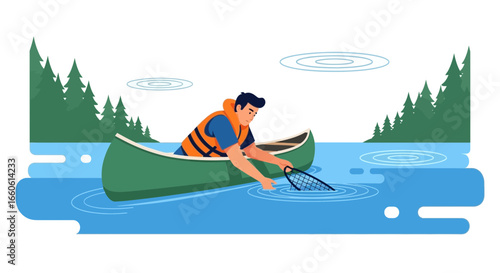 Man Enjoying Peaceful Outdoor Adventure Fishing in a Canoe on Lake Illustration