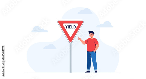 Man Explaining Yield Road Sign And Traffic Regulations In Flat Illustration