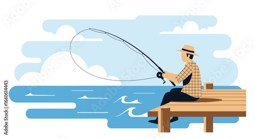 Man Fishing From a Wooden Pier Vector Illustration At Sea Under Cloudy Sky