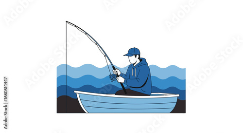 Man Fishing From Rowboat On Calm Waters With Modern Minimalist Style Design