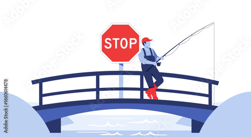 Man Fishing Violating A Stop Sign On Bridge Over Water Scene