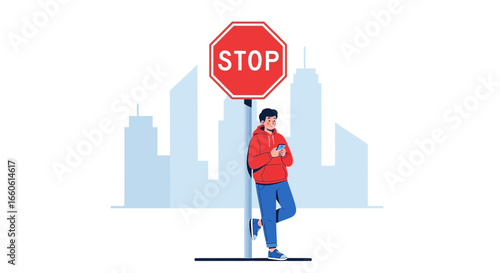Man Ignoring Stop Sign While Using Phone In Urban Setting Backdrop