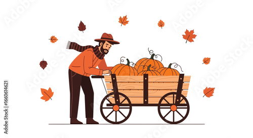 Man In Autumn Wear Pushing A Wooden Cart Filled With Pumpkins And Leaves