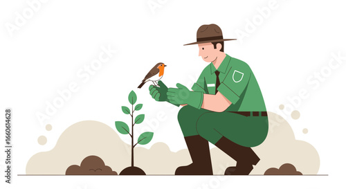 Man In Uniform With Bird, Planting New Tree Conservation Concept Vector