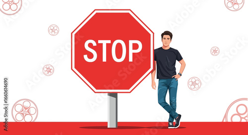 Man Leaning On Stop Sign Visual Metaphor Of Boundaries And Limits