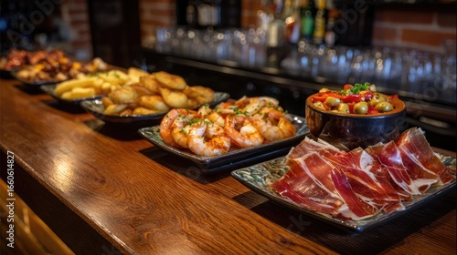 A Selection Of Delicious Tapas Shrimp, Potatoes, Ham, And Olives Arranged On A Wooden Bar Top In A Warmly Lit Restaurant Setting