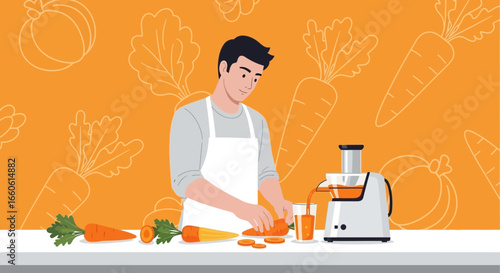 Man Prepares Fresh Carrot Juice At Home With Electric Juicer Machine