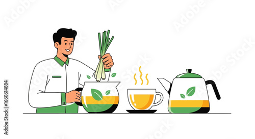 Man Preparing A Refreshing Cup Of Lemongrass Herbal Tea At Home
