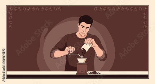 Man Preparing Coffee Manually With A Grinder Vintage Style Illustration