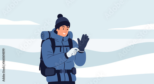 Man Preparing For Mountain Expedition Wearing Gloves in a Snowy Landscape