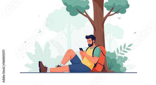 Man Resting Under Tree Checking His Phone After Long Hike Journey