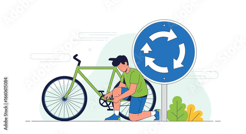 Man Repairing Bike in Roundabout Area During a Relaxing Journey on Green Nature