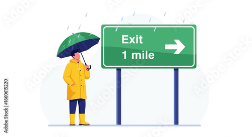 Man Stands In The Rain Holding An Umbrella Next To A Sign For An Exit
