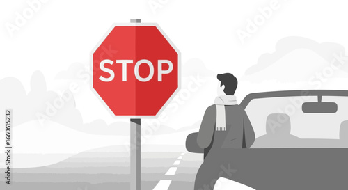 Man Stopped By Roadside Stop Sign With Car On A Grayscale Day