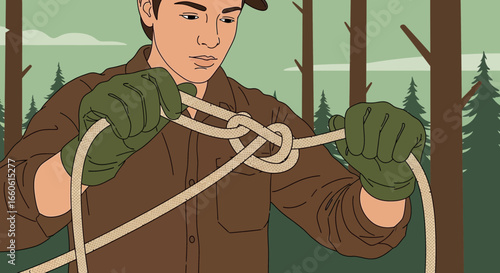 Man Tying A Knot With Rope In The Forest Illustration Graphic