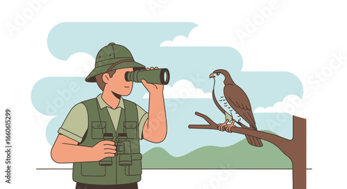Man Using Binoculars Observing a Bird Perched on a Tree Branch Isolated