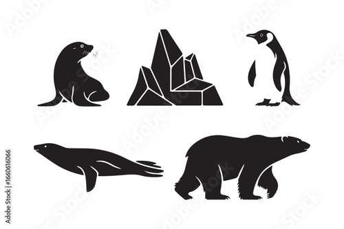 Arctic wildlife silhouettes polar bear penguin seal iceberg collection for nature designs