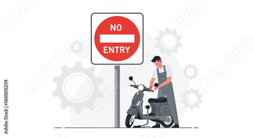 Mechanical Scooter Repair Against a No Entry Sign Gears Backdrop Design