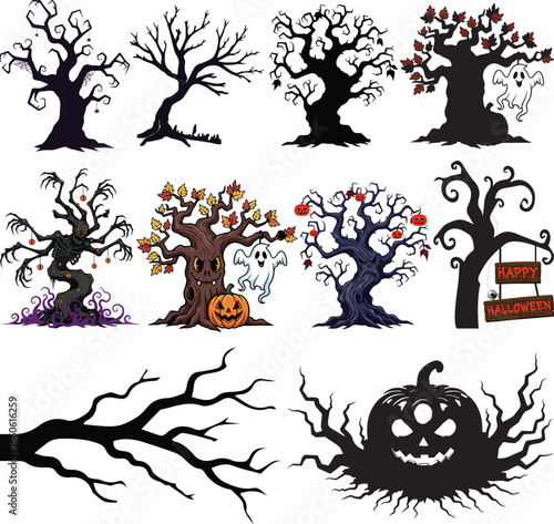 Vector art of halloween tree. halloween haunted tree bundle. halloween design elements