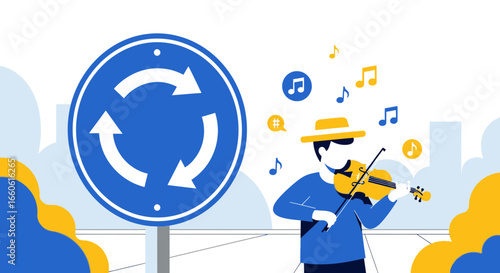 Melody Of The Streets: Artistic Violinist Performing Near A Traffic Roundabout