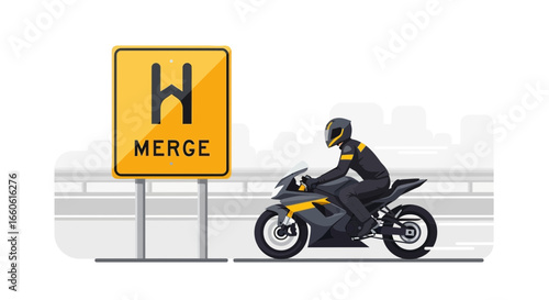 Merge Ahead Motorcyclist Anticipates Road Intersection on Highway Adventure Concept