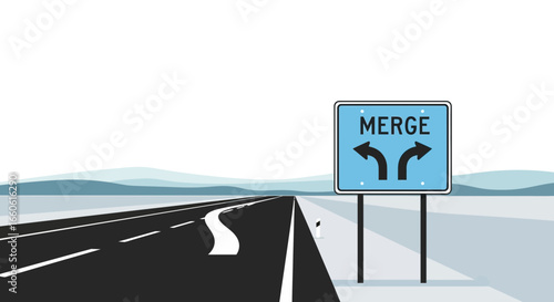 Merge ahead road sign indicating lanes merging on a highway for safety driving