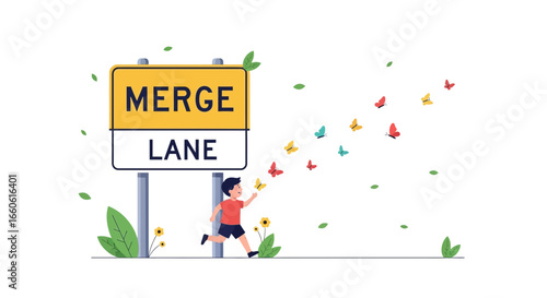 Merge Lane Boy Running With Butterflies Symbolizing Transition And New Beginnings