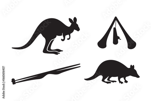 Australian wildlife silhouette icons featuring kangaroo wallaby and aboriginal boomerang art