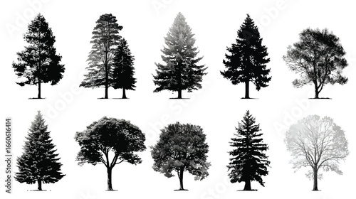 Vector illustration of a diverse collection of tree silhouettes showcasing different species and shapes found in nature and forestry