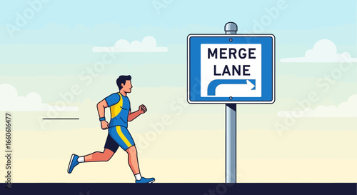 Merge Lane Metaphor: A man running beside merge lane sign illustrates integration