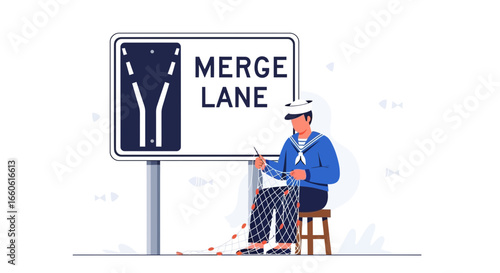 Merge Lane Sign With Sailor Mending Fishing Net By The Coastline