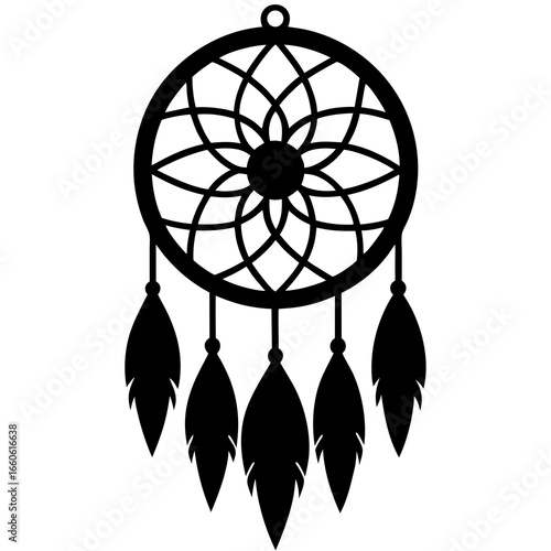 Black silhouette of a dreamcatcher with feathers