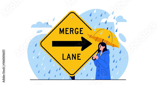 Merge Lane Warning Sign in Rainy Weather With Girl Holding an Umbrella