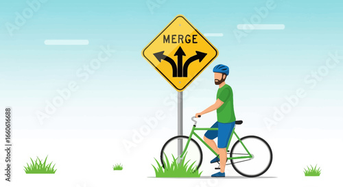 Merge Sign At Crossroads: A Bicyclist Pauses To Consider Which Path To Choose